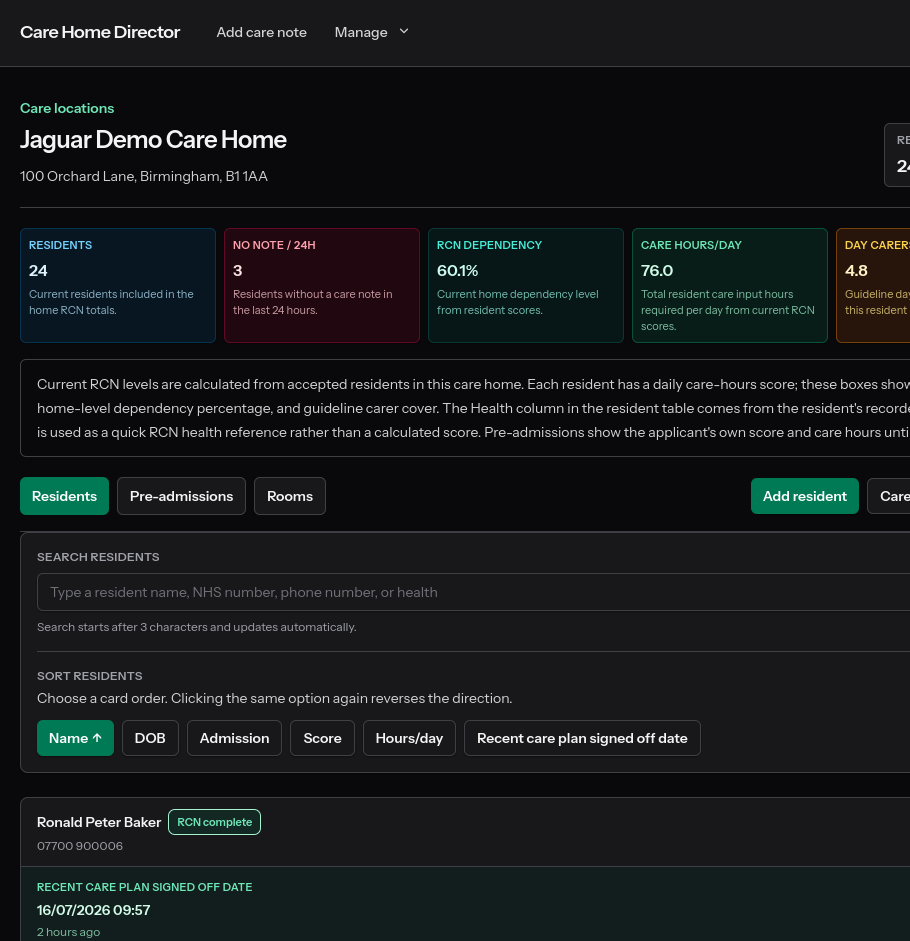 Care Home Director dashboard screenshot